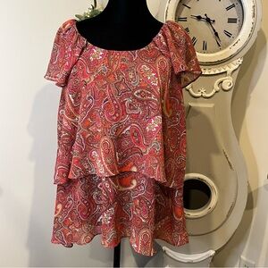 Cato Paisley Print Short Sleeve Ruffle Blouse Vibrant Red & Pink Paisley 14/16W